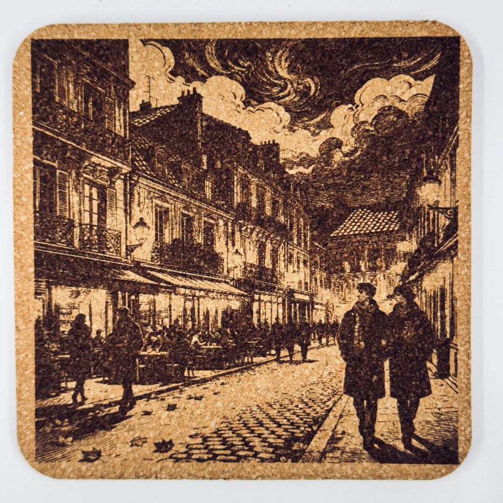 European City Nights, Romantic Travel Decor, Set of 4 Laser Engraved Cork Coasters