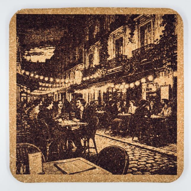 Old World Café Streets, Set of 4 Laser Engraved Cork Coasters