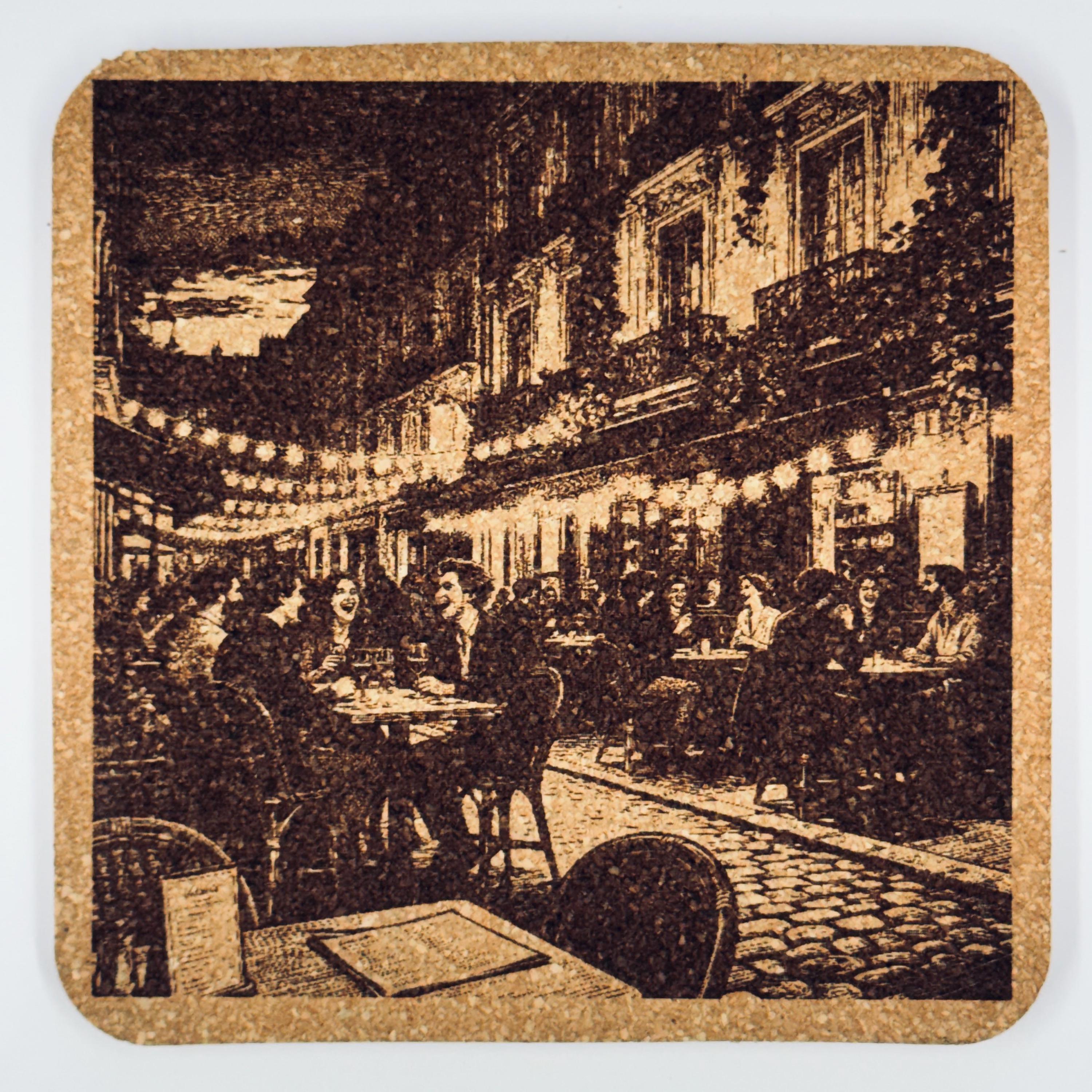 Old World Café Streets, Set of 4 Laser Engraved Cork Coasters