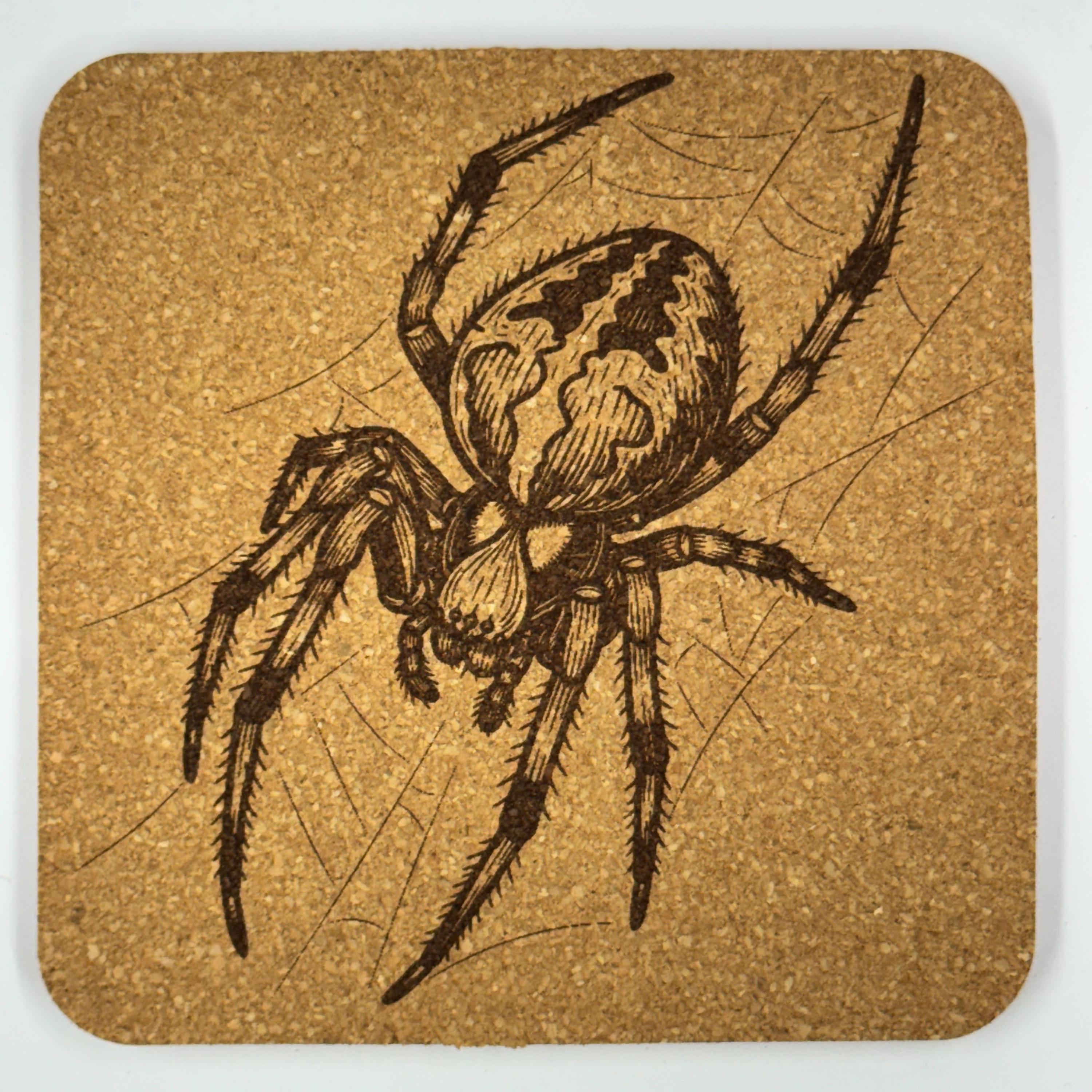 Cute Arachnid Spider Portraits, Set of 4 Laser Engraved Cork Coasters