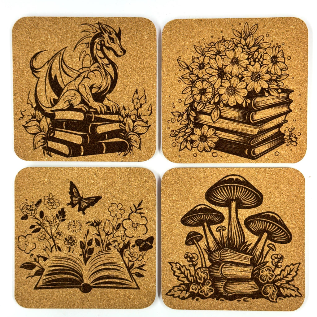 Enchanted Book Garden, Set of 4 Laser Engraved Cork Coasters