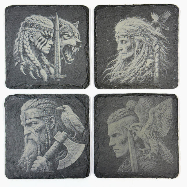Nordic Warrior Slate Coaster Set, Viking Raven Wolf Art, Laser Engraved Stone Drink Coasters