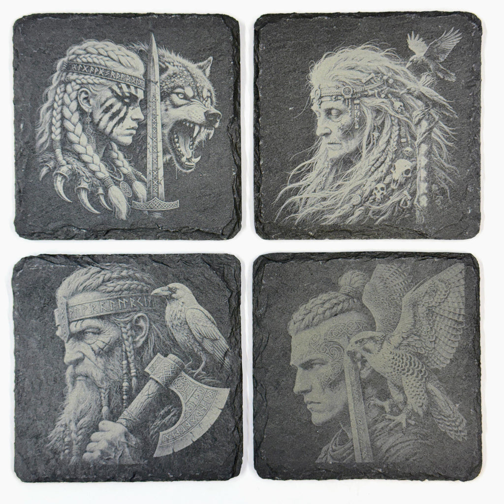 Nordic Warrior Slate Coaster Set, Viking Raven Wolf Art, Laser Engraved Stone Drink Coasters