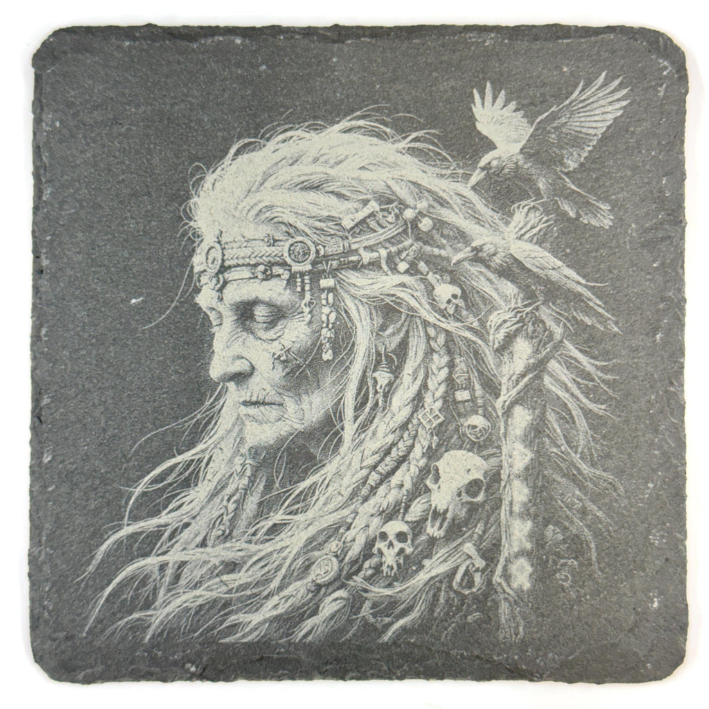 Nordic Warrior Slate Coaster Set, Viking Raven Wolf Art, Laser Engraved Stone Drink Coasters