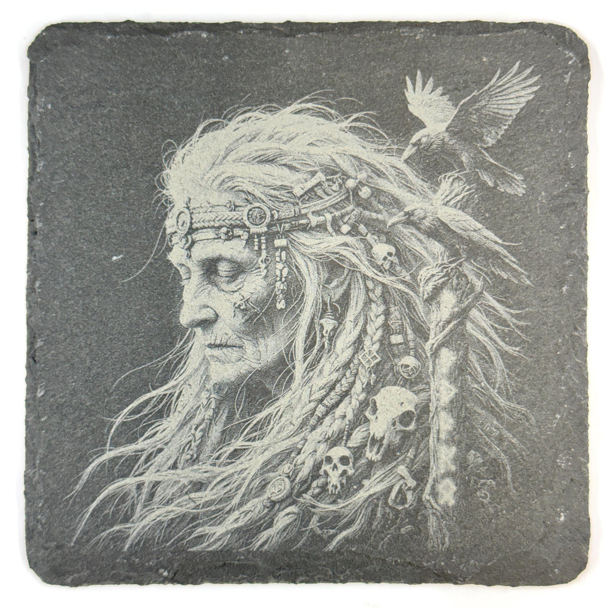 Nordic Warrior Slate Coaster Set, Viking Raven Wolf Art, Laser Engraved Stone Drink Coasters