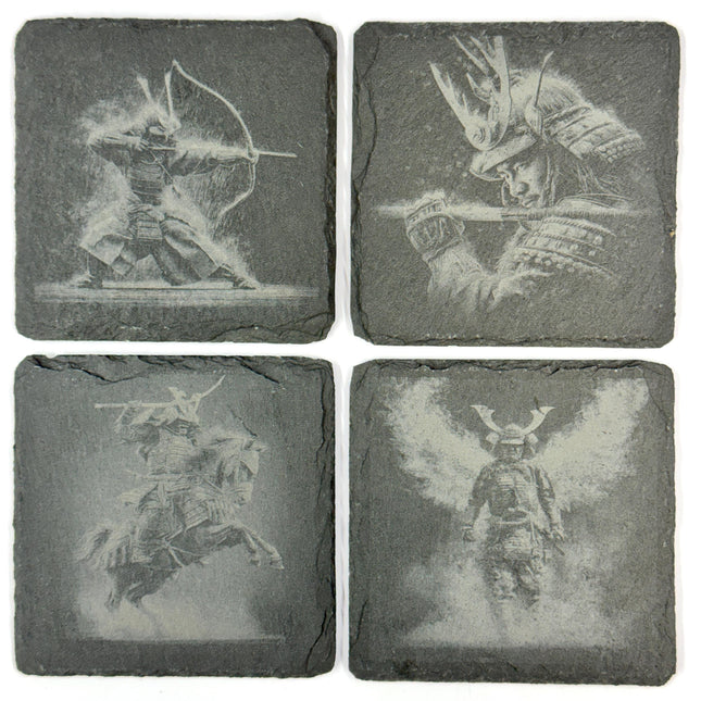 Samurai Warrior Slate Coaster Set, Japanese Warrior Art, Laser Engraved Stone Drink Coasters