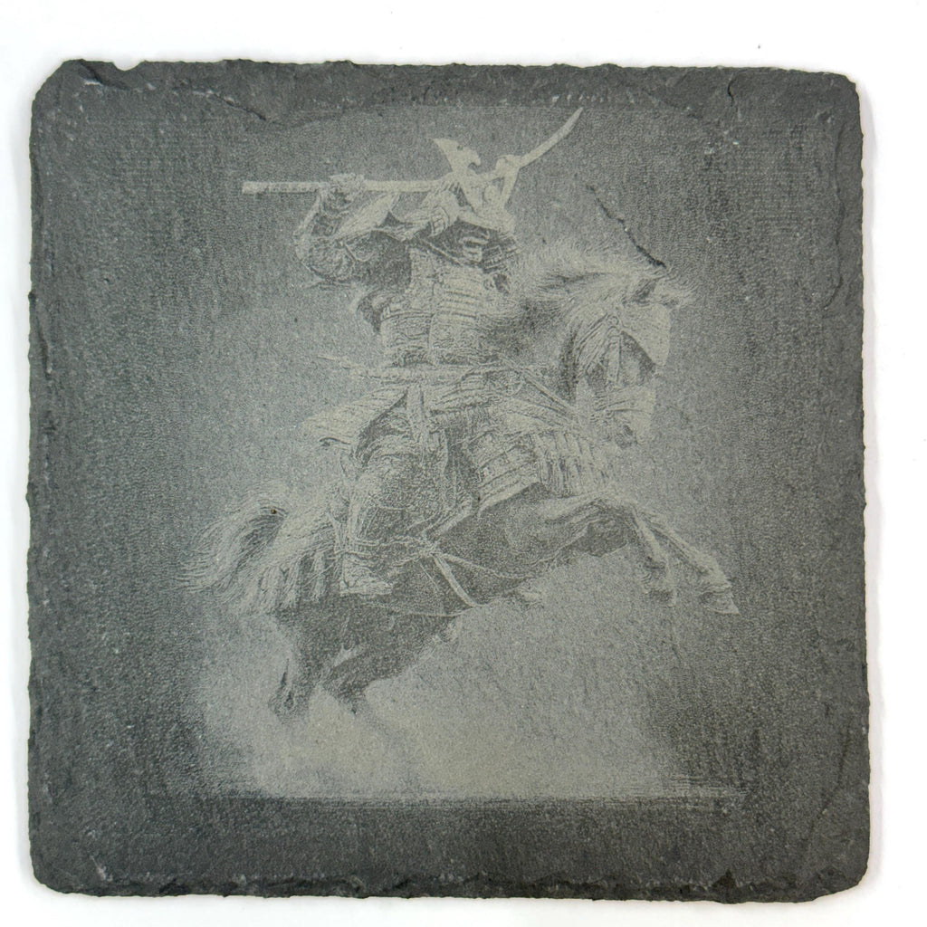 Samurai Warrior Slate Coaster Set, Japanese Warrior Art, Laser Engraved Stone Drink Coasters