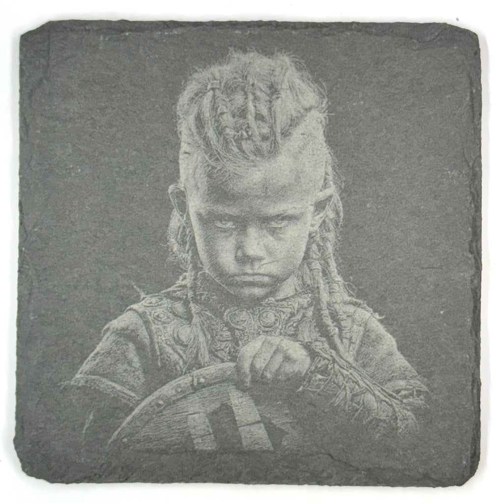 Viking Family Slate Coaster Set, Nordic Warrior Generations, Laser Engraved Stone Drink Coasters