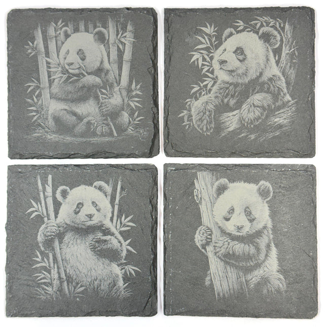 Panda Bear Slate Coaster Set of 4, Laser Engraved Wildlife Drinkware Gift