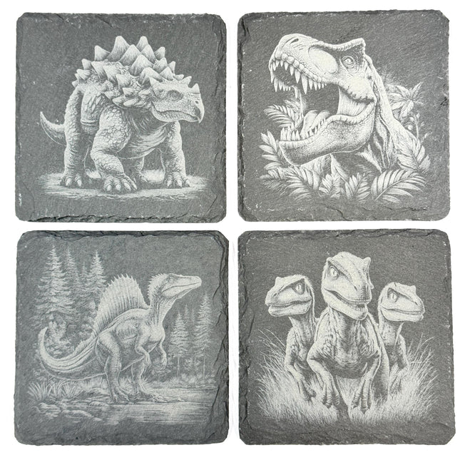 Dinosaur Slate Coaster Set of 4, Laser Engraved Prehistoric Drinkware Gift