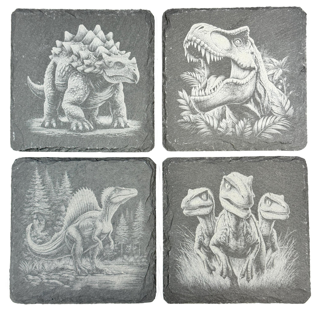 Dinosaur Slate Coaster Set of 4, Laser Engraved Prehistoric Drinkware Gift