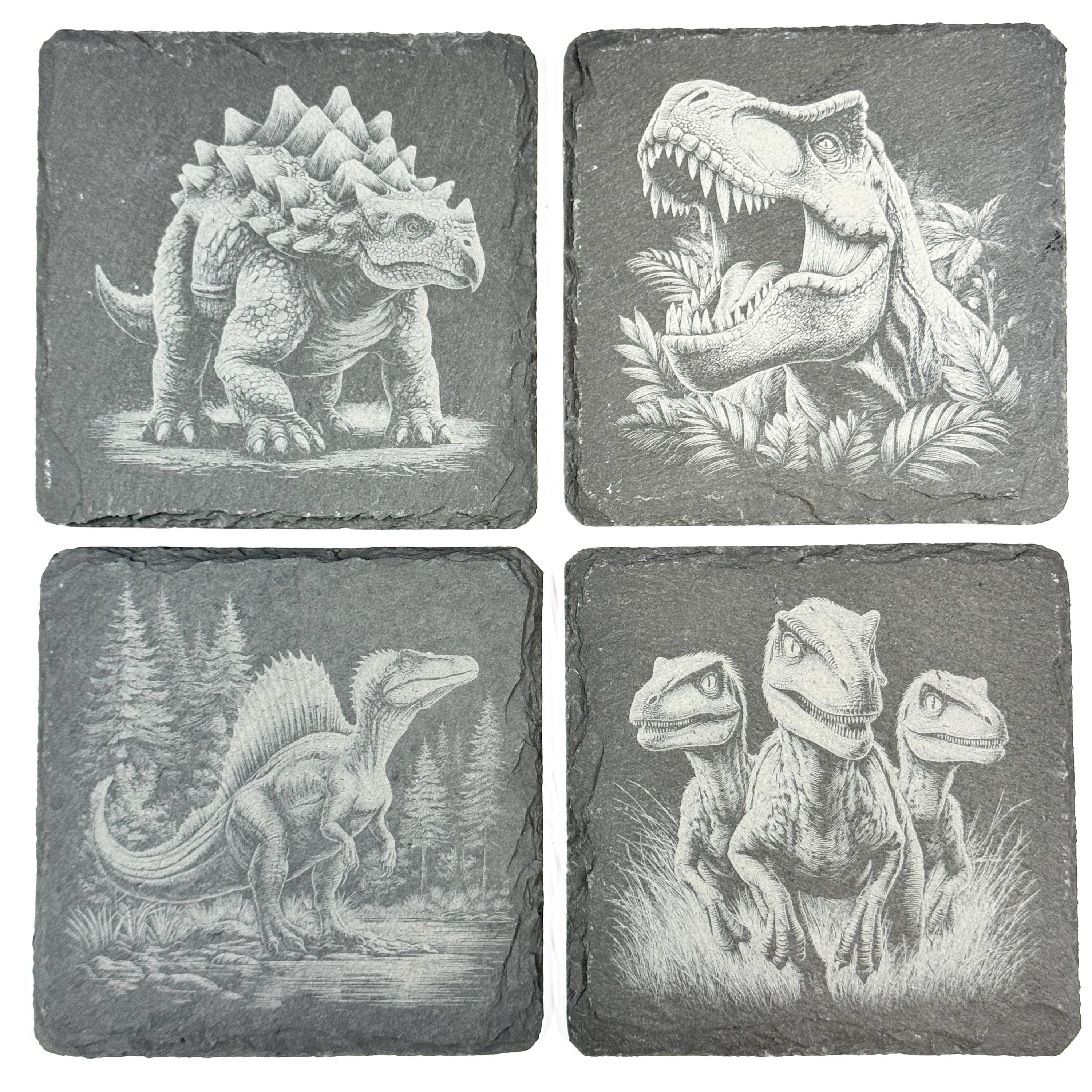 Dinosaur Slate Coaster Set of 4, Laser Engraved Prehistoric Drinkware Gift