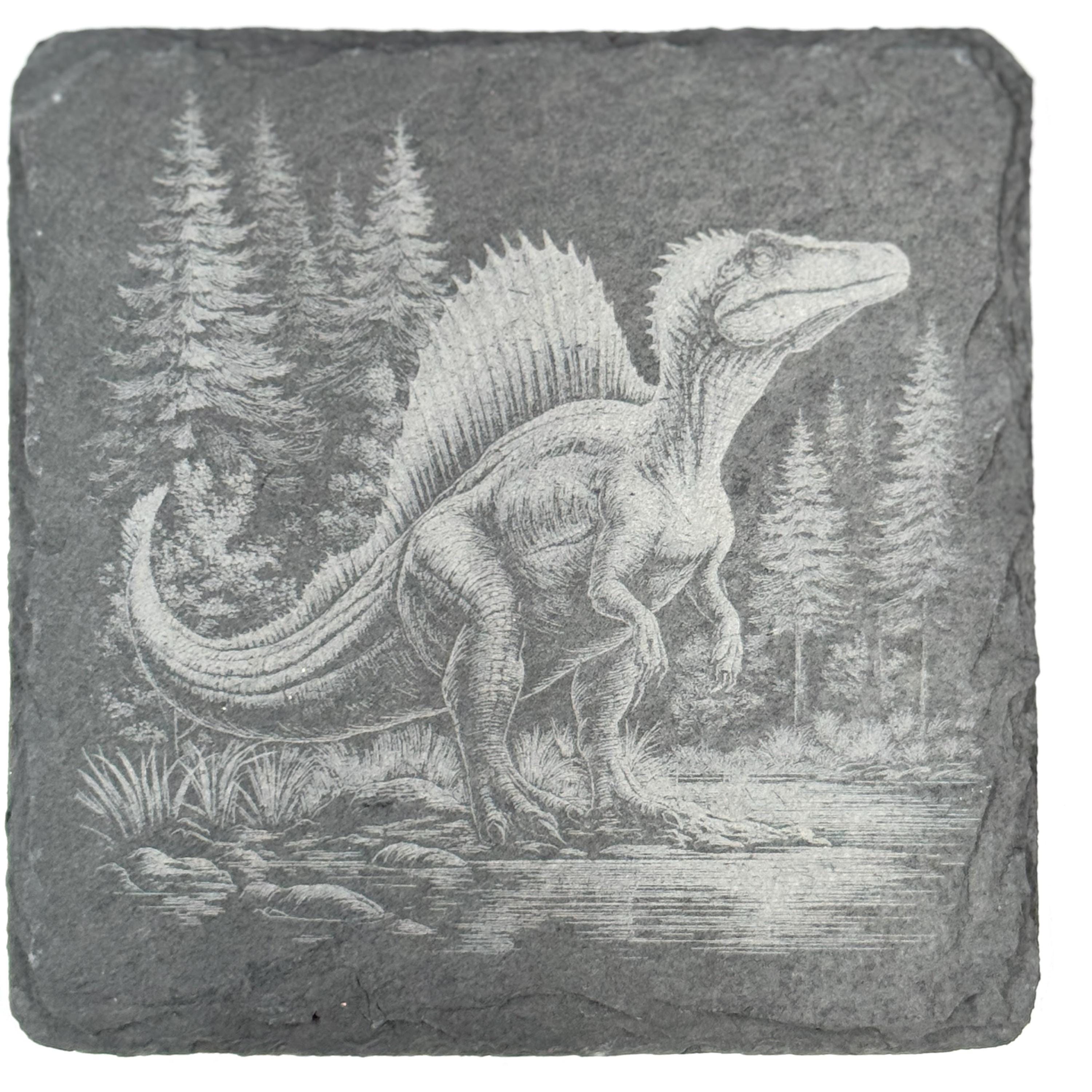 Dinosaur Slate Coaster Set of 4, Laser Engraved Prehistoric Drinkware Gift