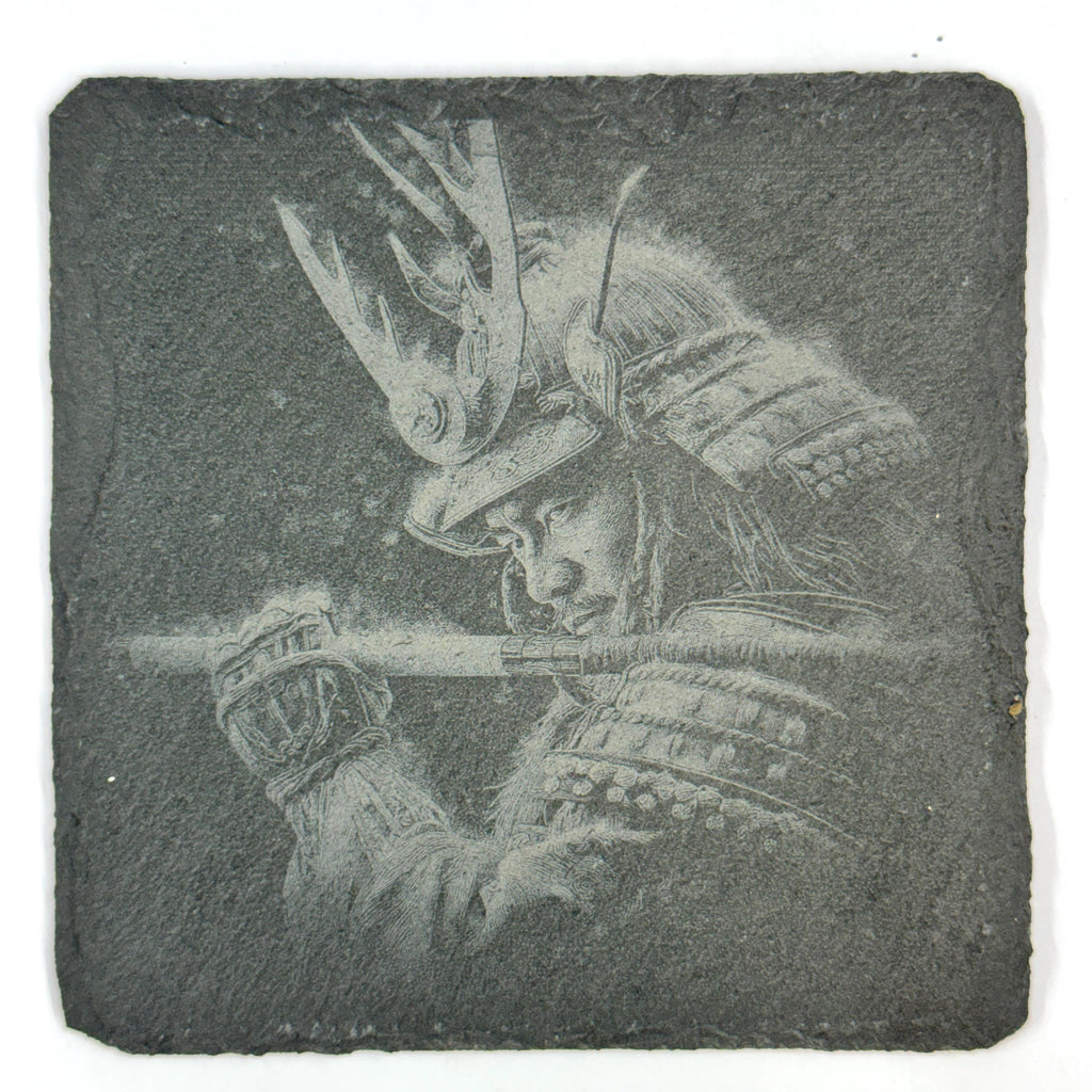 Samurai Warrior Slate Coaster Set, Japanese Warrior Art, Laser Engraved Stone Drink Coasters