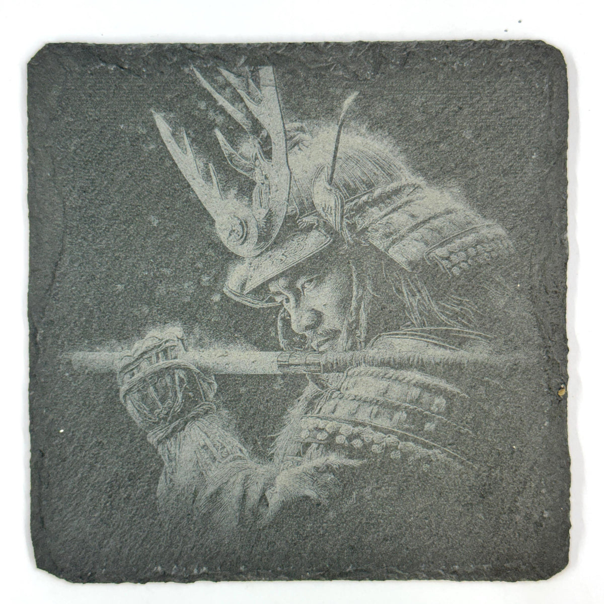 Samurai Warrior Slate Coaster Set, Japanese Warrior Art, Laser Engraved Stone Drink Coasters