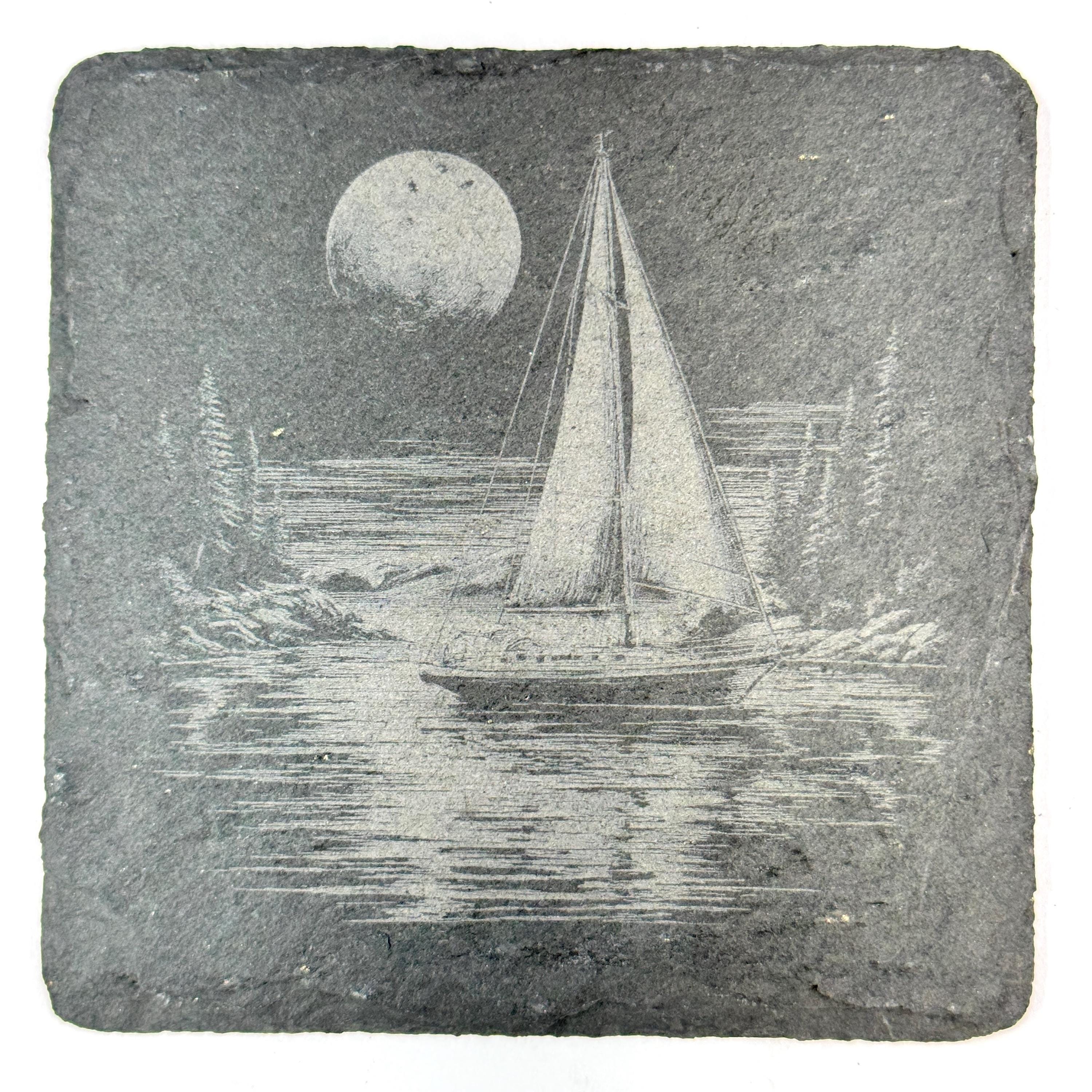 Sailboat Slate Coaster Set of 4, Laser Engraved Nautical Drinkware Gift