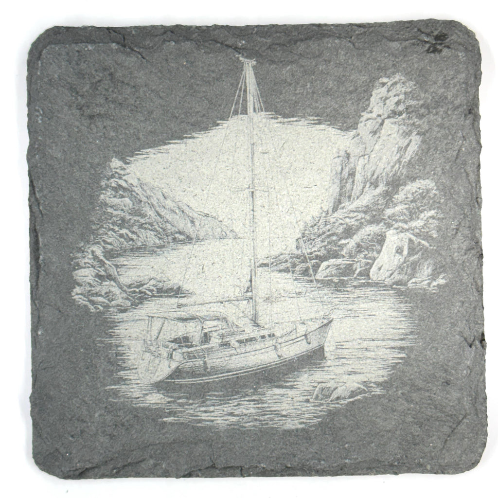 Sailboat Slate Coaster Set of 4, Laser Engraved Nautical Drinkware Gift