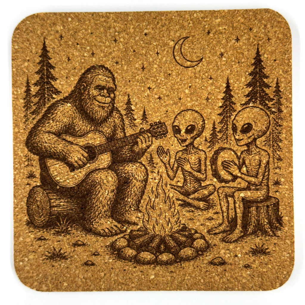 Bigfoot Alien Cork Coasters – Sasquatch UFO Forest Designs, Set of 4