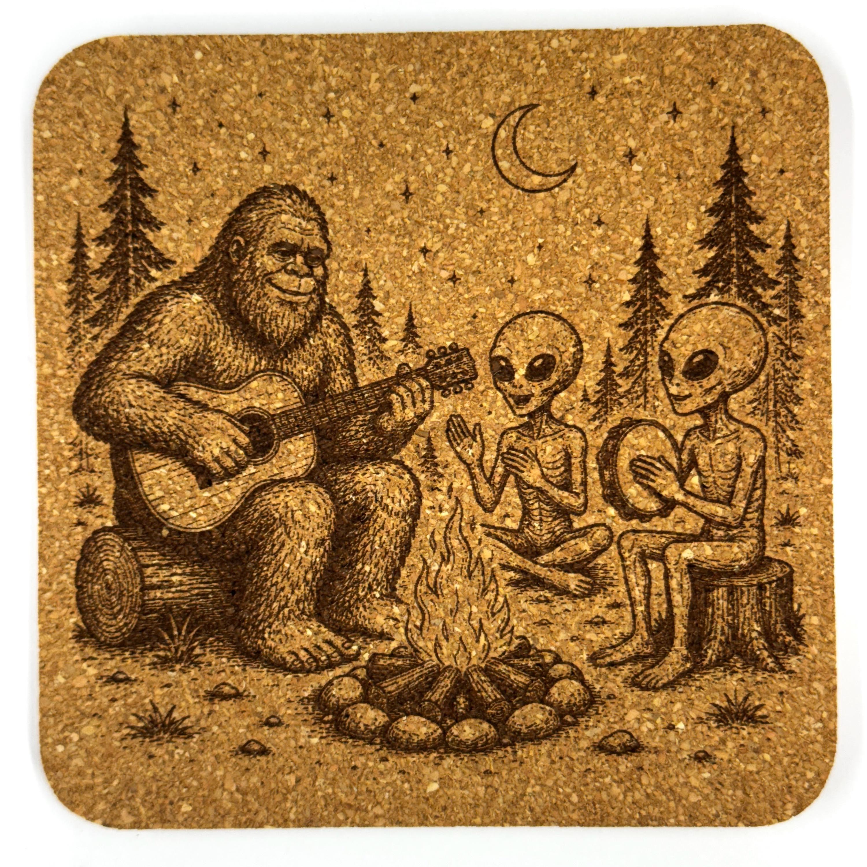 Bigfoot Alien Cork Coasters – Sasquatch UFO Forest Designs, Set of 4