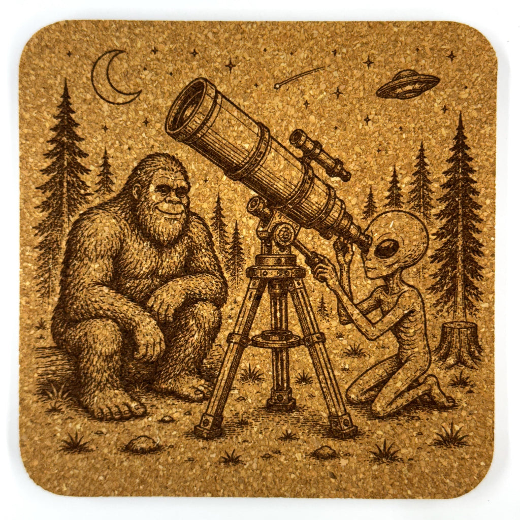 Bigfoot Alien Cork Coasters – Sasquatch UFO Forest Designs, Set of 4