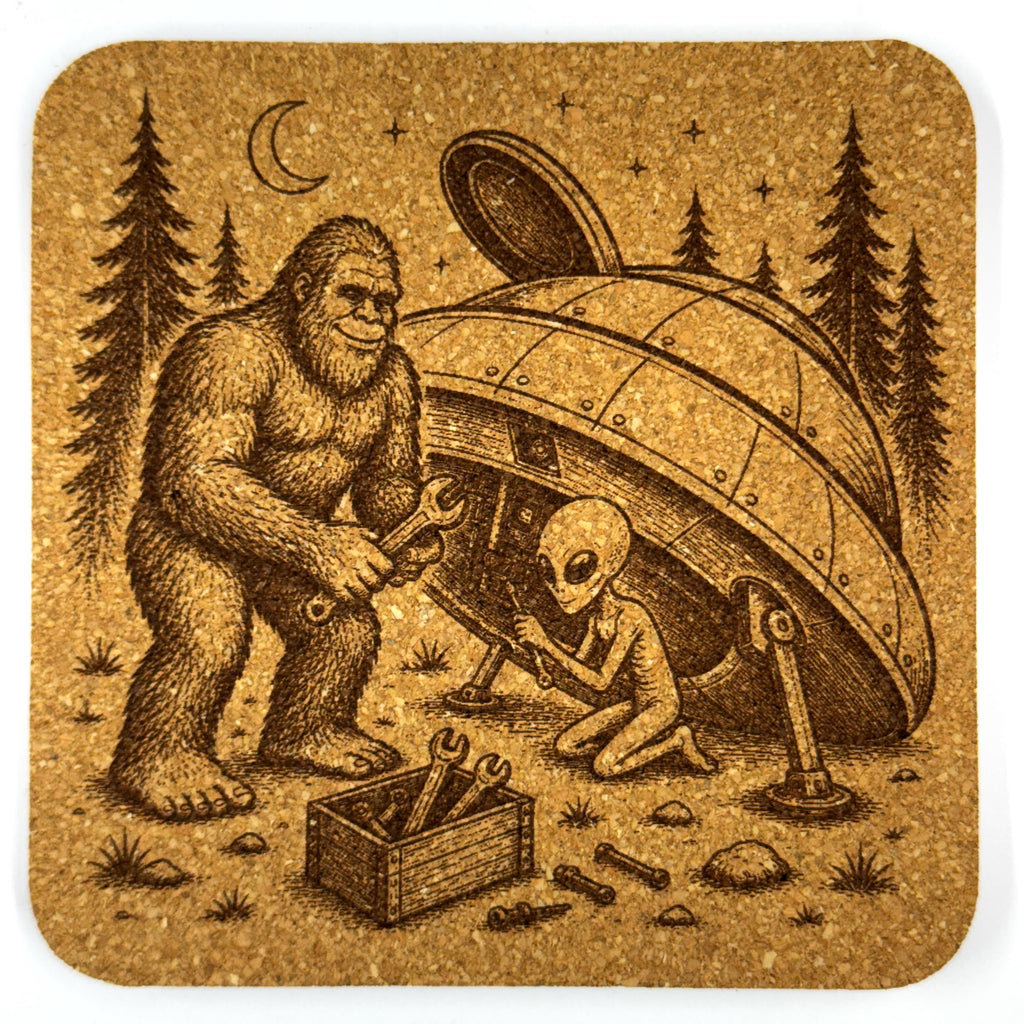Bigfoot Alien Cork Coasters – Sasquatch UFO Forest Designs, Set of 4