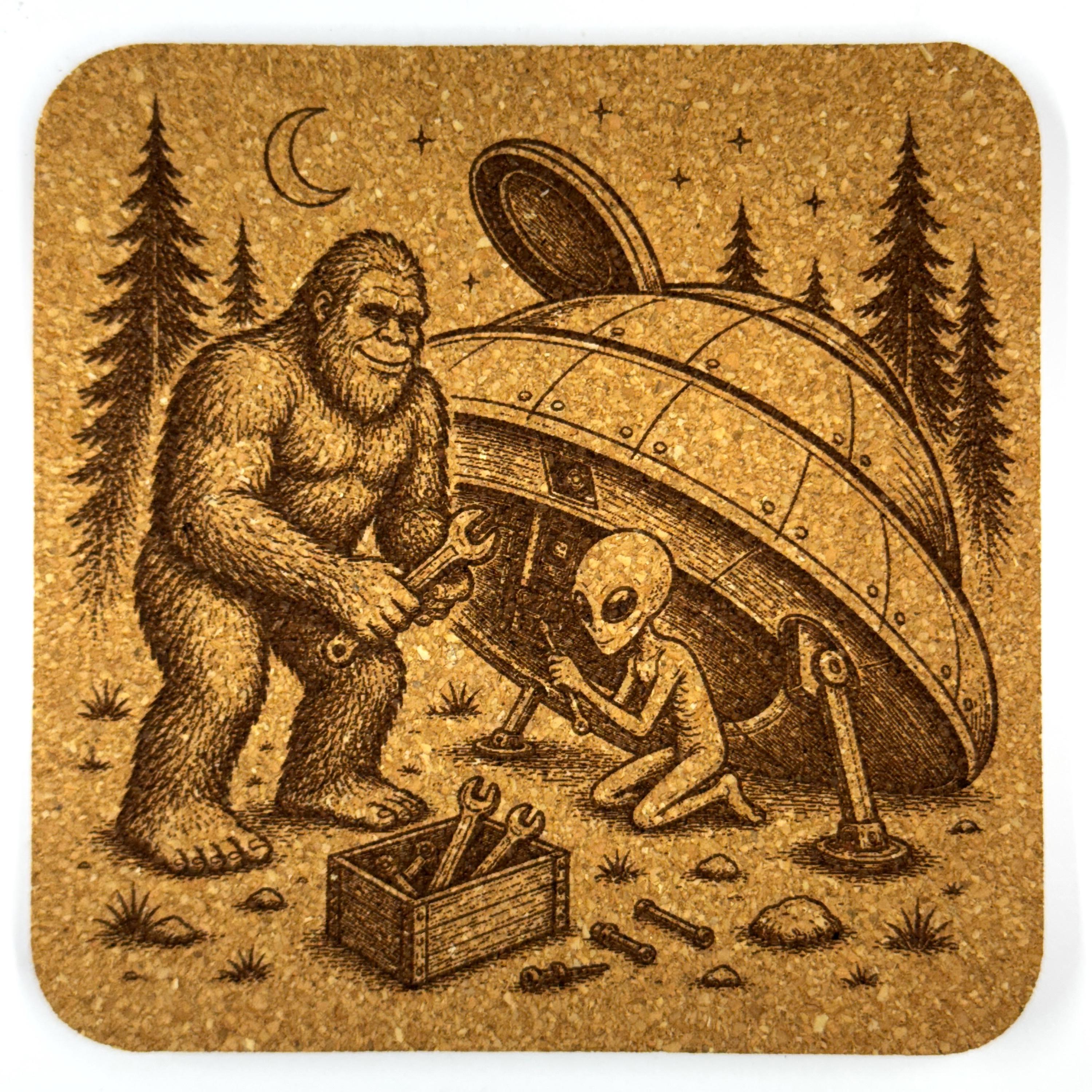 Bigfoot Alien Cork Coasters – Sasquatch UFO Forest Designs, Set of 4