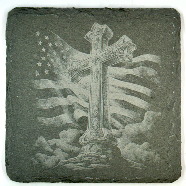 Christian Crosses with American Flags, Inspirational Faith Gift, Laser Engraved Coaster Set (12 words)