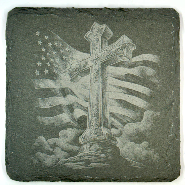 Patriotic Faith and Country Cross Set, Laser Engraved Slate Coasters
