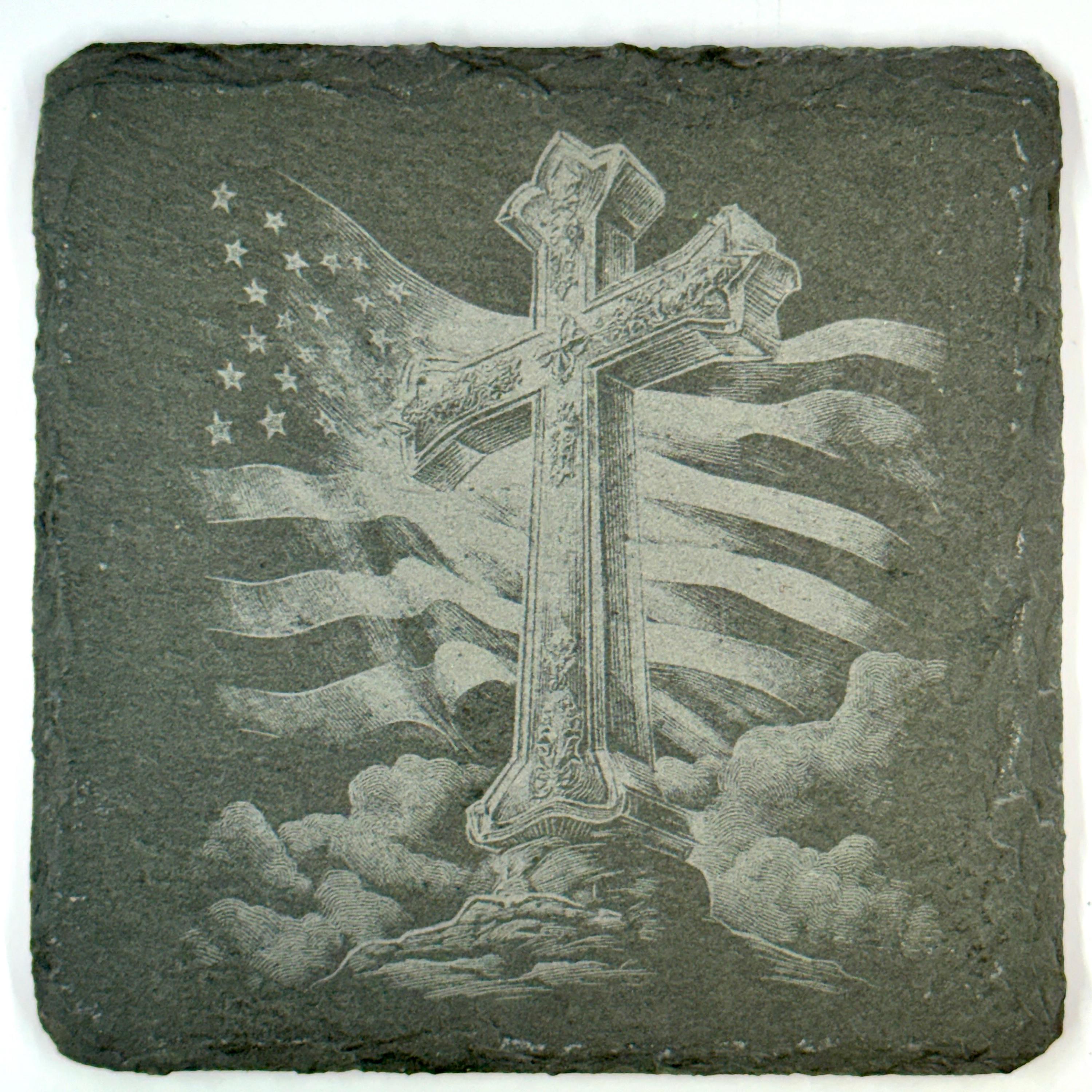 Patriotic Faith and Country Cross Set, Laser Engraved Slate Coasters
