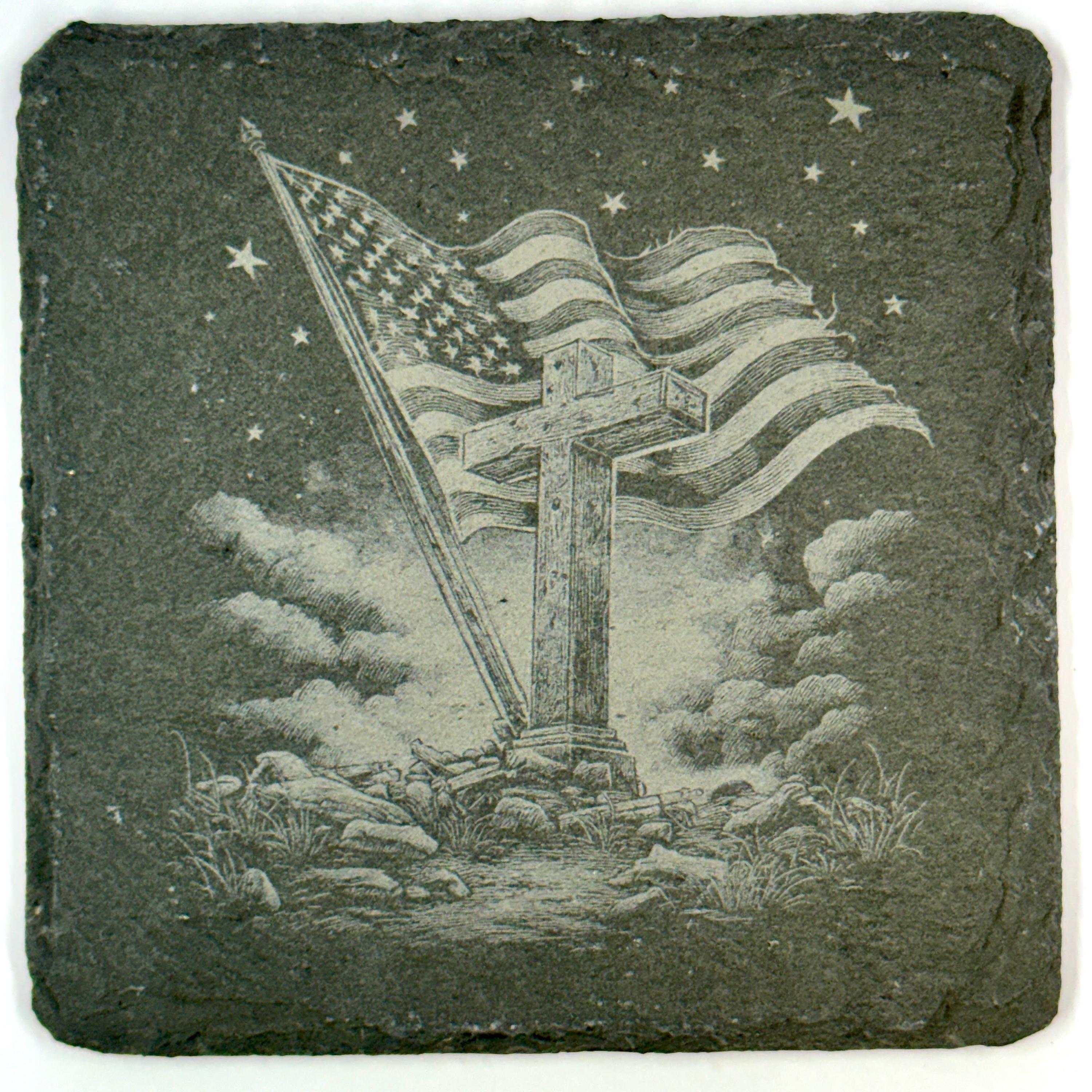 Christian Crosses with American Flags, Inspirational Faith Gift, Laser Engraved Coaster Set (12 words)