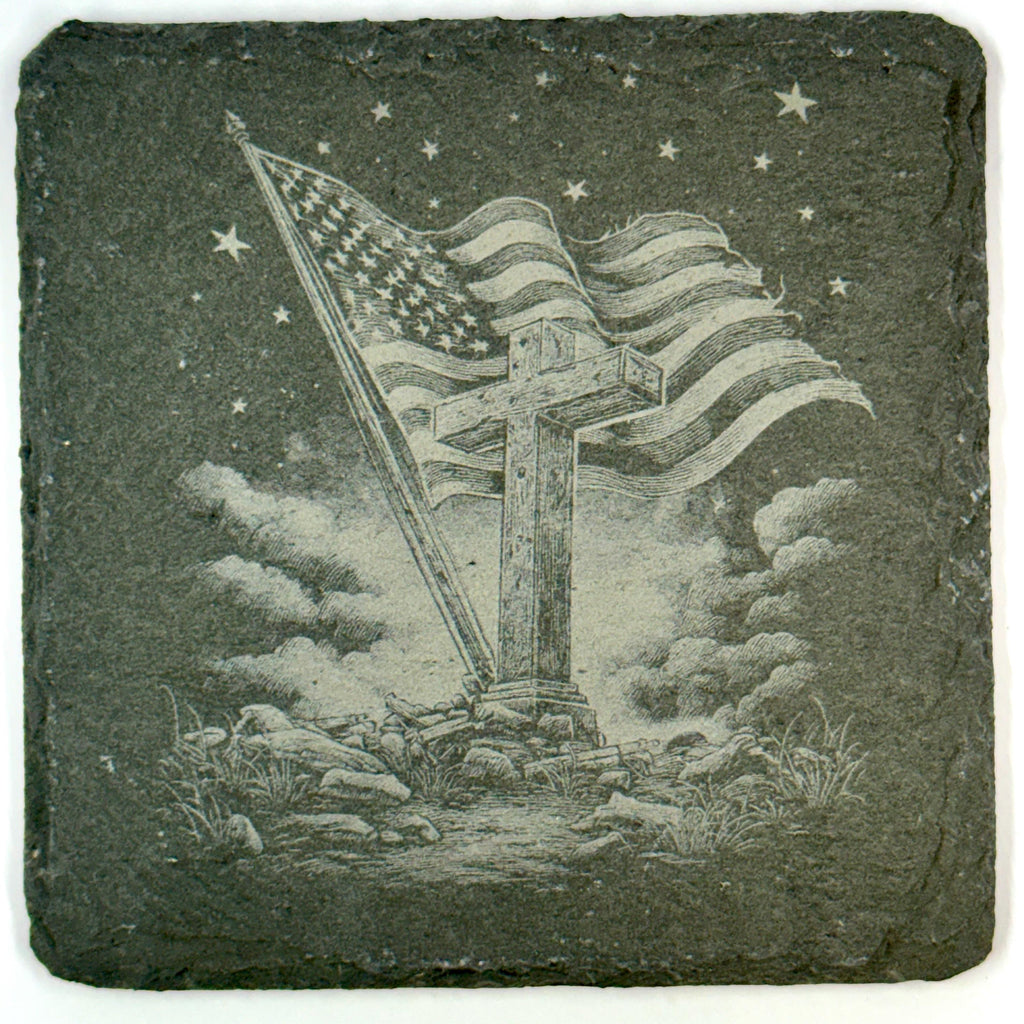 Patriotic Faith and Country Cross Set, Laser Engraved Slate Coasters