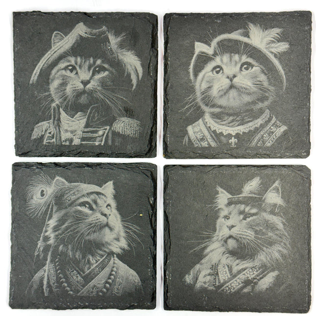 Royal Feline Cat Coasters Set, Noble Whiskered Portraits, Laser Engraved Slate Coasters
