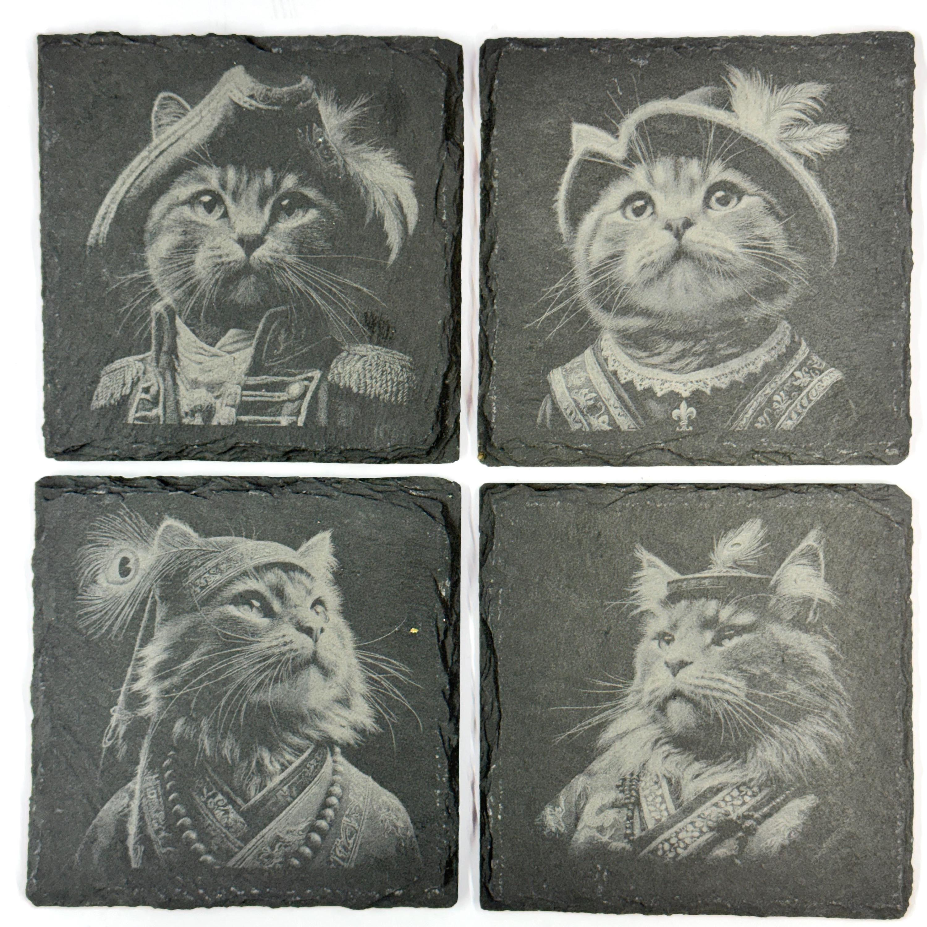 Royal Feline Cat Coasters Set, Noble Whiskered Portraits, Laser Engraved Slate Coasters