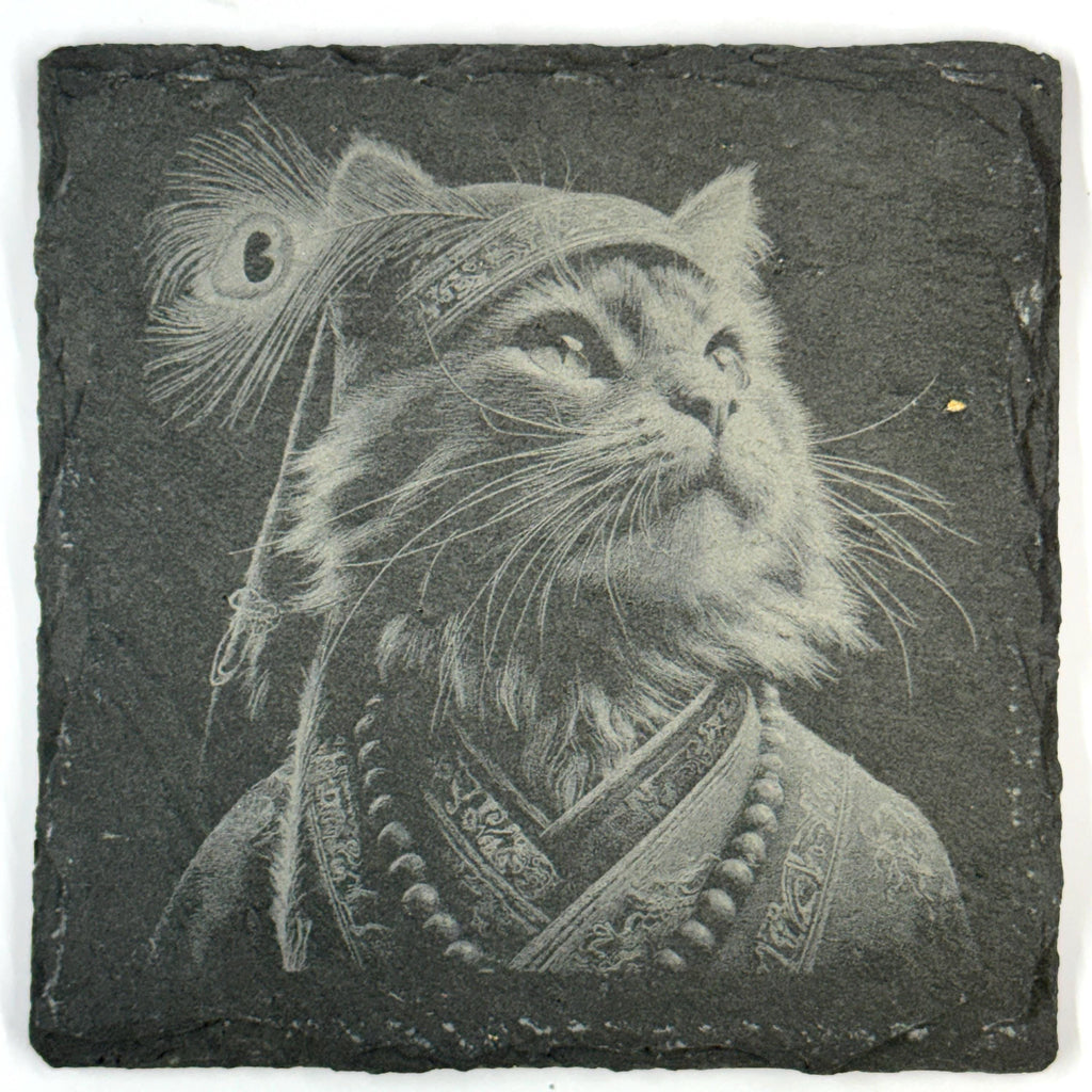 Royal Feline Cat Coasters Set, Noble Whiskered Portraits, Laser Engraved Slate Coasters