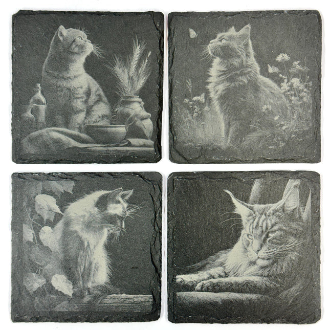 Peaceful Feline Cozy Cottage Cats, Set of 4 Laser Engraved Slate Coasters