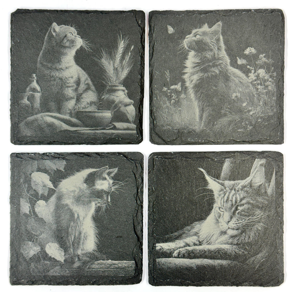 Peaceful Feline Cozy Cottage Cats, Set of 4 Laser Engraved Slate Coasters