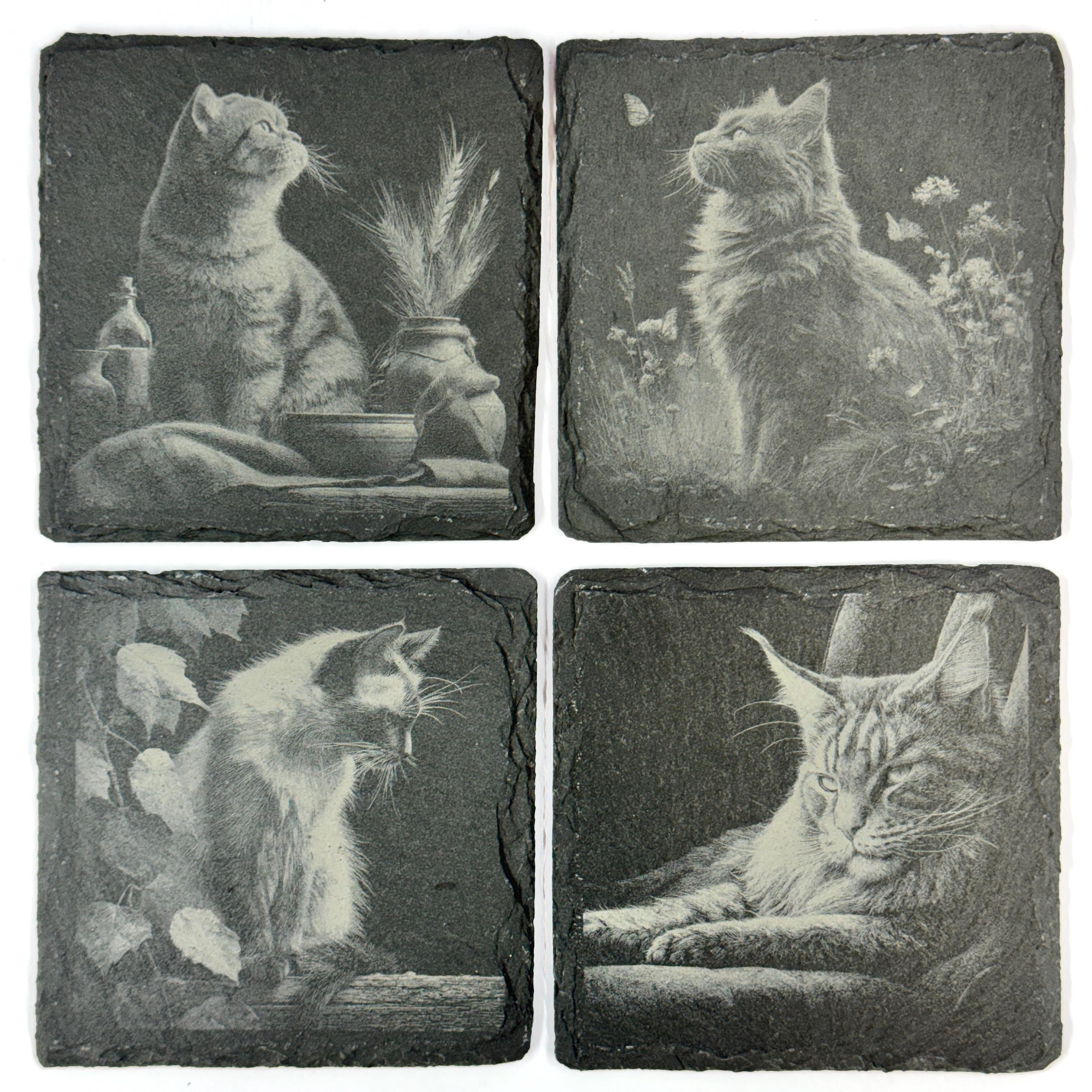 Peaceful Feline Cozy Cottage Cats, Set of 4 Laser Engraved Slate Coasters