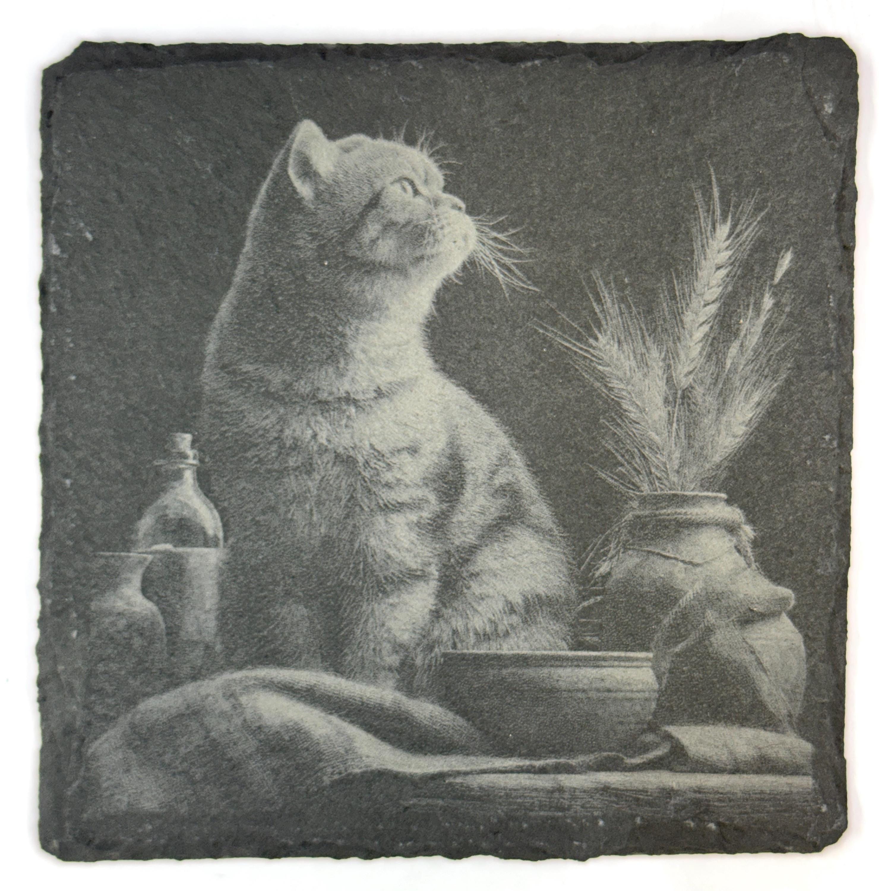 Peaceful Feline Cozy Cottage Cats, Set of 4 Laser Engraved Slate Coasters