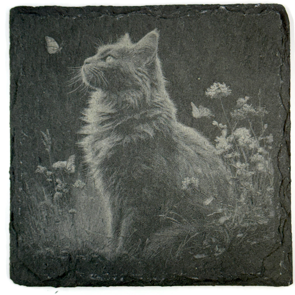 Peaceful Feline Cozy Cottage Cats, Set of 4 Laser Engraved Slate Coasters