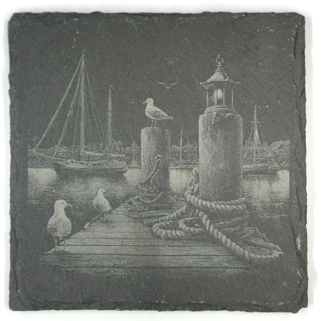 Nautical Pirate Harbor Slate Coasters, Set of 4 Laser Engraved Coastal Decor
