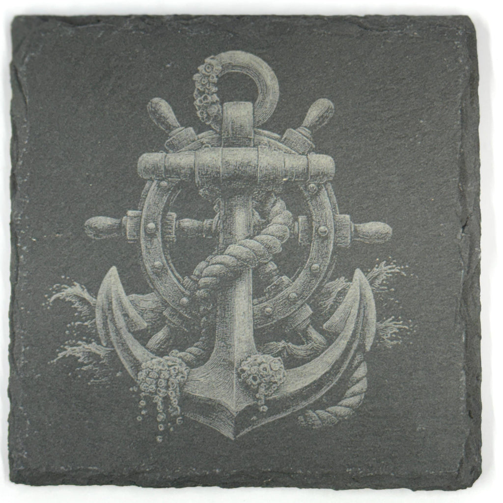 Nautical Pirate Harbor Slate Coasters, Set of 4 Laser Engraved Coastal Decor