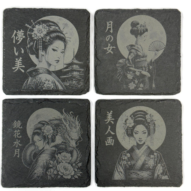 Japanese Geisha Collection, Set of 4 Laser Engraved Slate Coasters