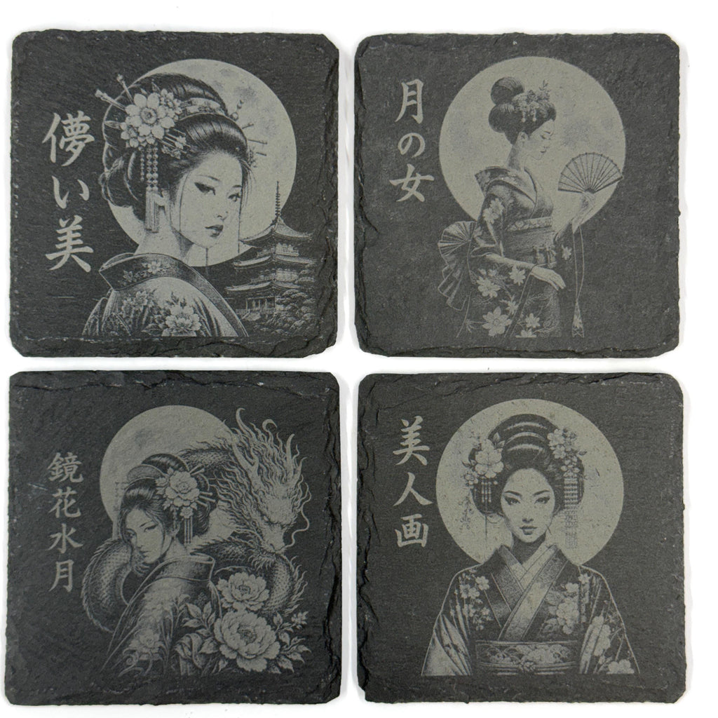 Japanese Geisha Collection, Set of 4 Laser Engraved Slate Coasters