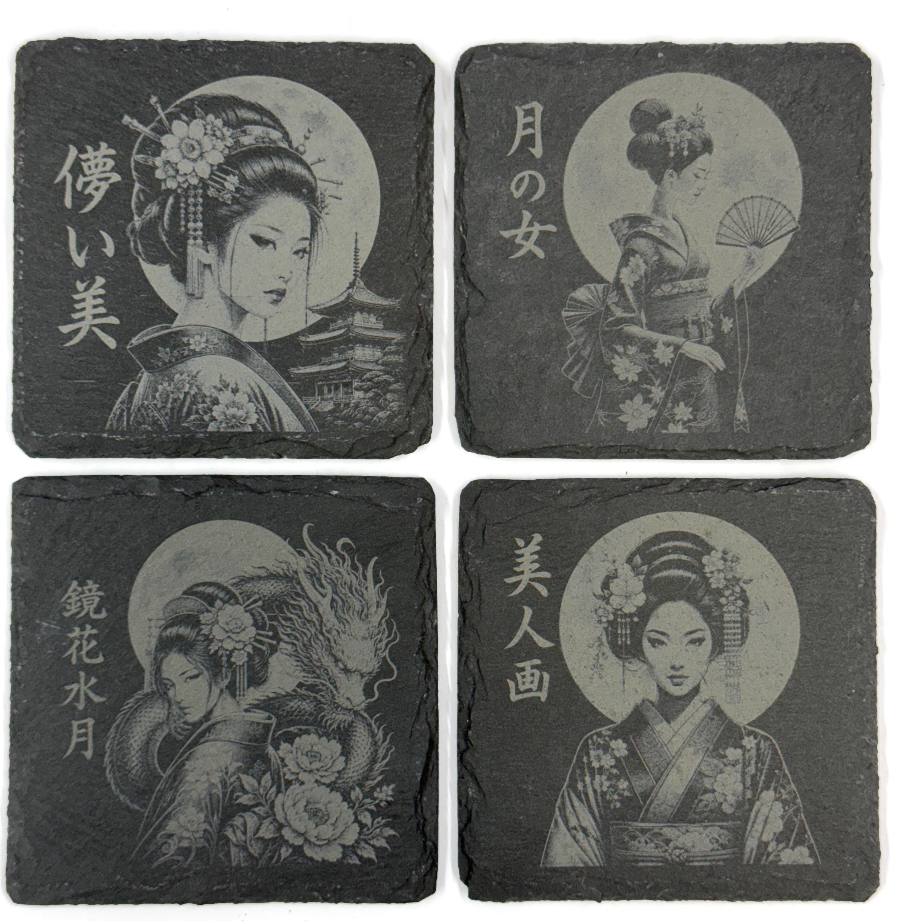 Japanese Geisha Collection, Set of 4 Laser Engraved Slate Coasters