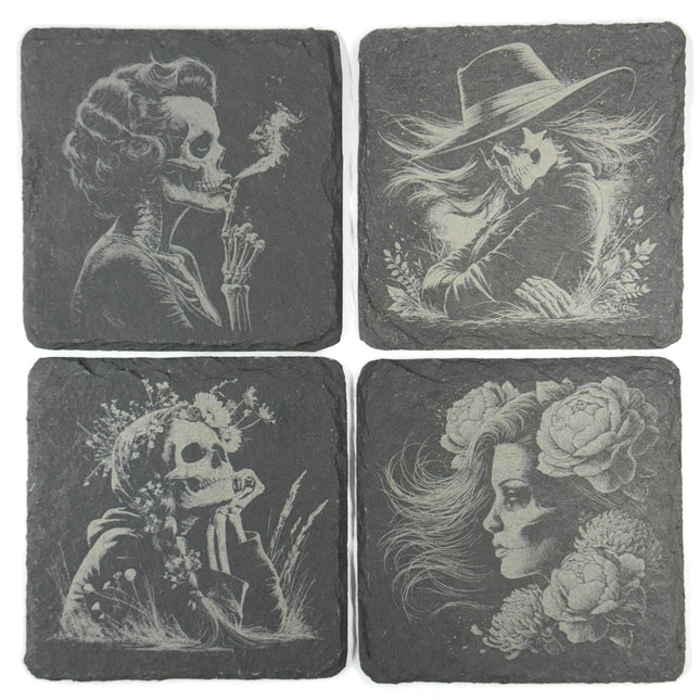 Gothic Skeleton Portraits, Floral Skull Art, Set of 4 Laser Engraved Slate Coasters