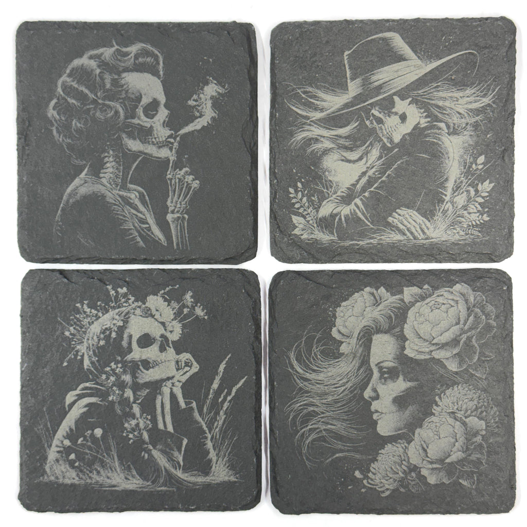 Gothic Skeleton Portraits, Floral Skull Art, Set of 4 Laser Engraved Slate Coasters
