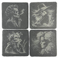 Gothic Skeleton Portraits, Floral Skull Art, Set of 4 Laser Engraved Slate Coasters