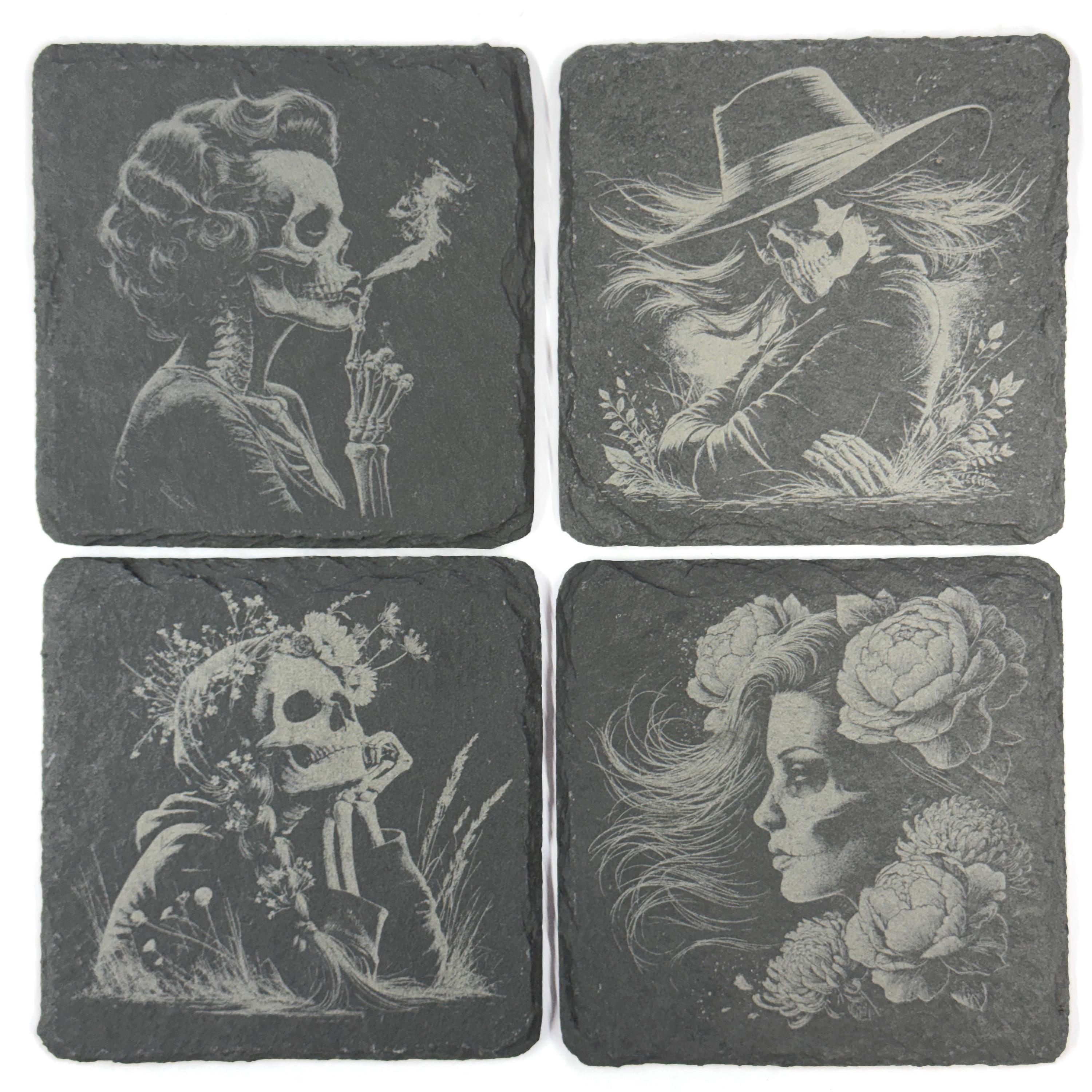 Gothic Skeleton Portraits, Floral Skull Art, Set of 4 Laser Engraved Slate Coasters