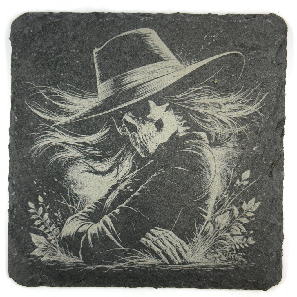 Gothic Skeleton Portraits, Floral Skull Art, Set of 4 Laser Engraved Slate Coasters