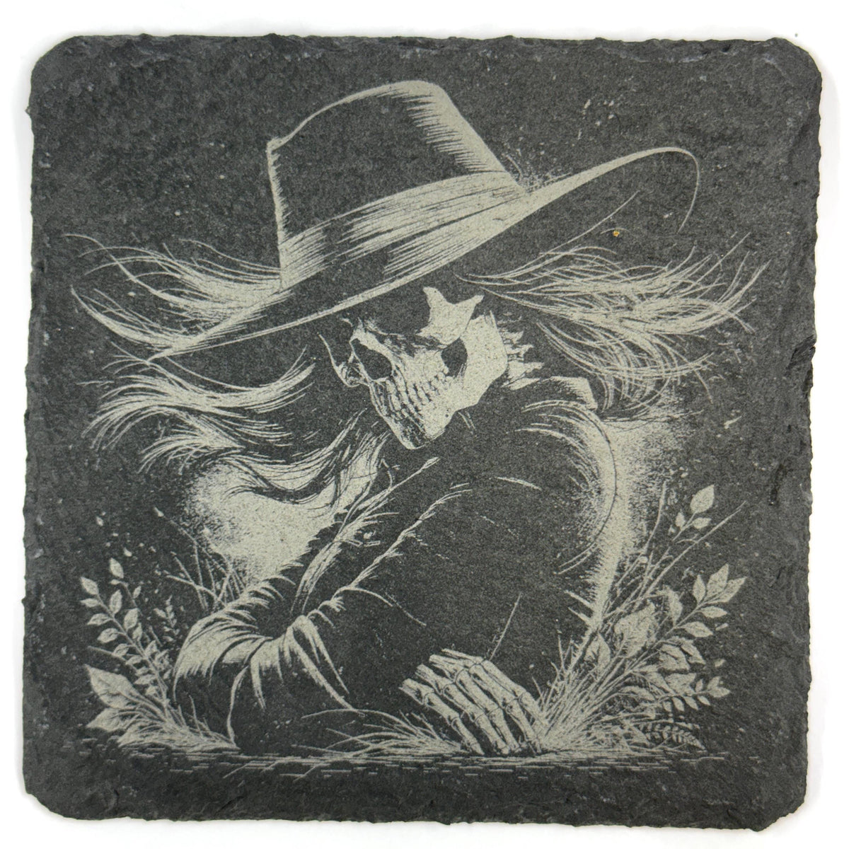 Gothic Skeleton Portraits, Floral Skull Art, Set of 4 Laser Engraved Slate Coasters